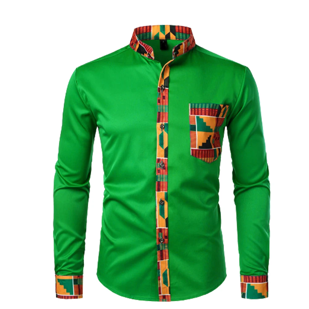 thumbnail image 1 of Conjunto de disfraz con patrón kente africano de 3 piezas con camisa abotonada, sombrero Kufi, bufanda, estola, faja, traje para fiesta del Mes de la Historia Negra, 1 of 5