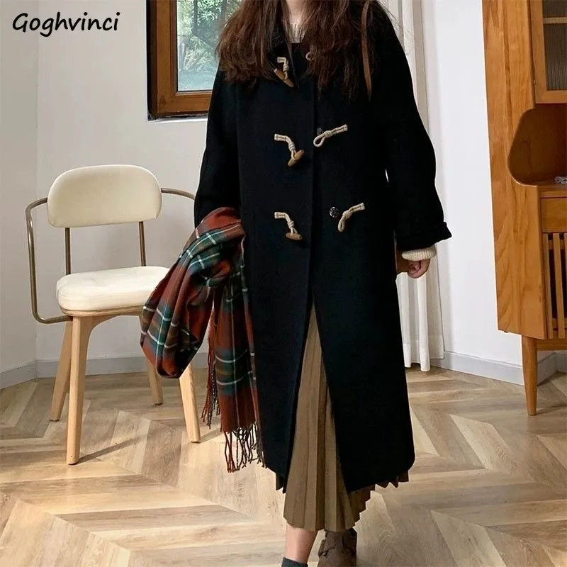 

Wool Coats Women Solid Coldproof Winter Horn Buttons Long Style Thick Baggy Blends Loose Casual Windbreak All-match Simple Chic