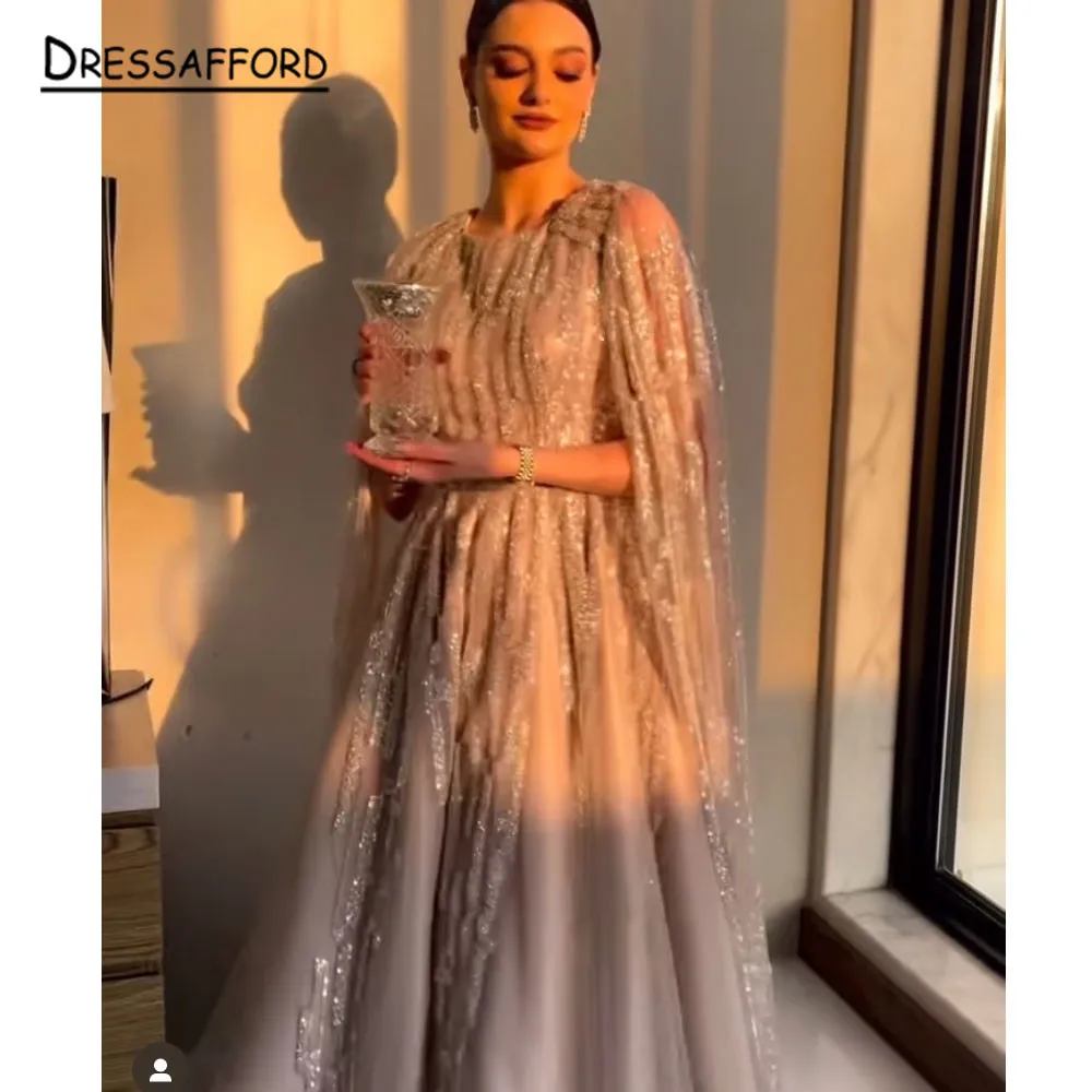 

Champagne Arabic Luxury Cape Sleeves Beaded A-Line Evening Dresses Dubai 2023 Formal Gowns
