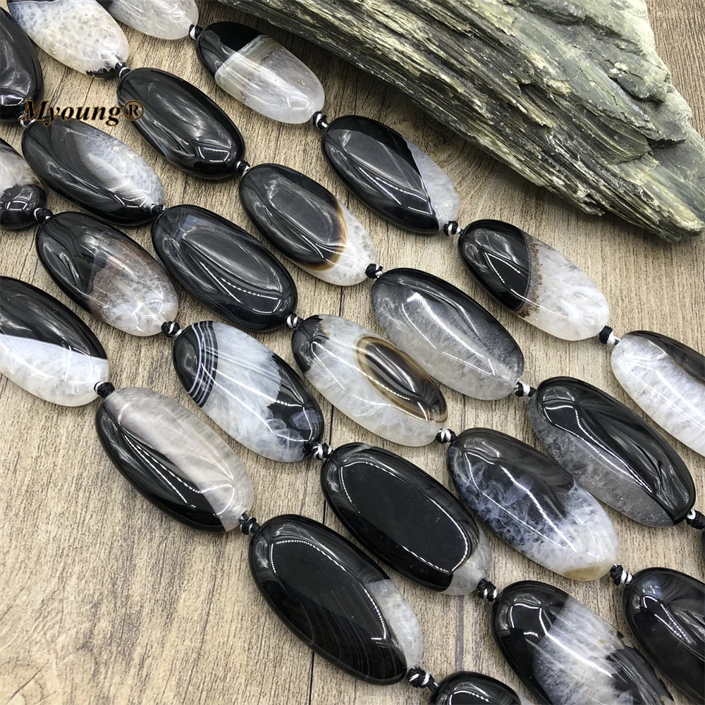 대형 타원형 천연 흑백 마노 쿼츠 슬라이스 펜던트 비즈, DIY 쥬얼리 제작용, 20x40mm, 9 개/몫 MY221202
