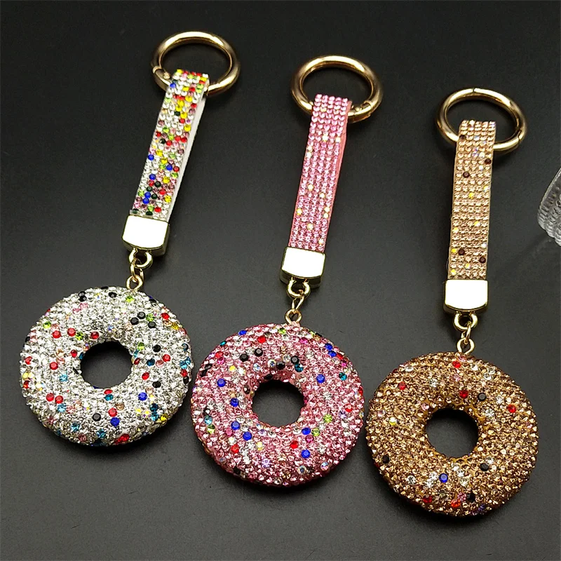Süßer rosa Donut-Schlüsselanhänger für Damen und Herren, voller Strass, Kristall, Blingbling, Taschenanhänger, Dessert, Lebensmittel, Schlüsselanhänger, Schmuckzubehör