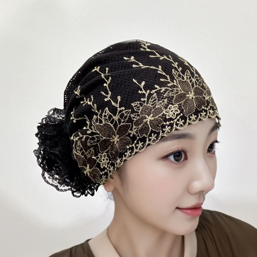 New Flower Embroidery Bonnet Hat Full Cover Elastic Headwear Cover White Hair Breathable Turban Hat Summer