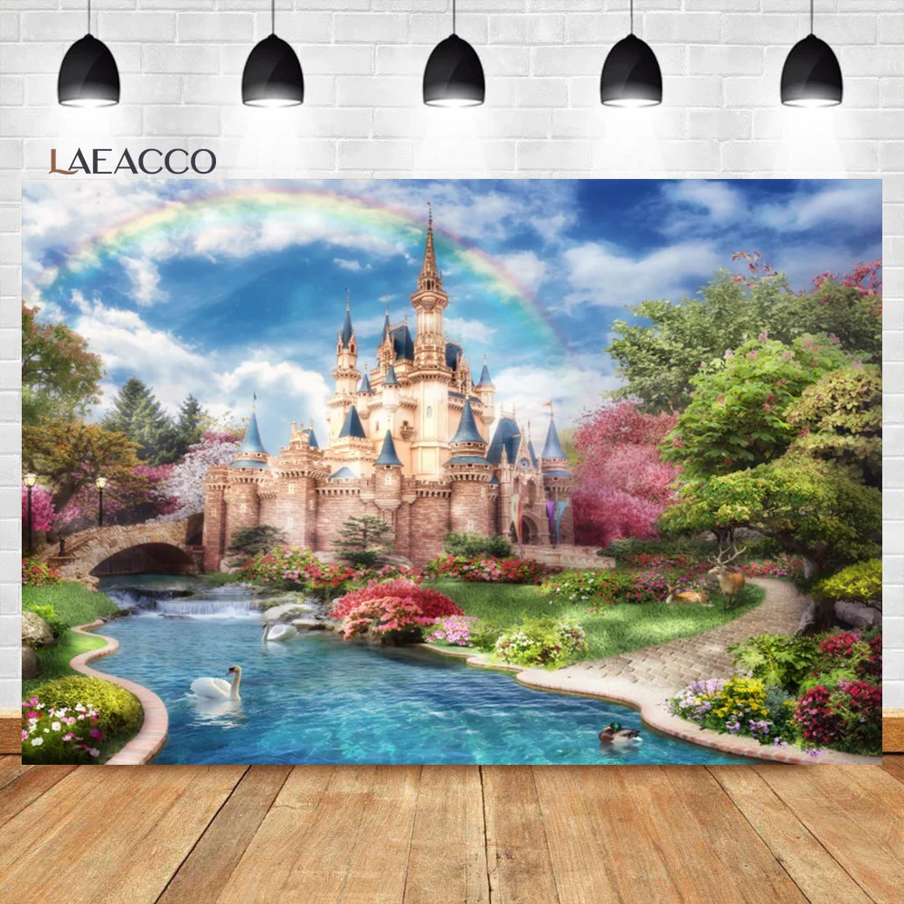 

Laeacco Fairy Tale Princess Castle Photography Backdrop Forest Blue Sky White Cloud Rainbow Girls Birthday Portrait Background