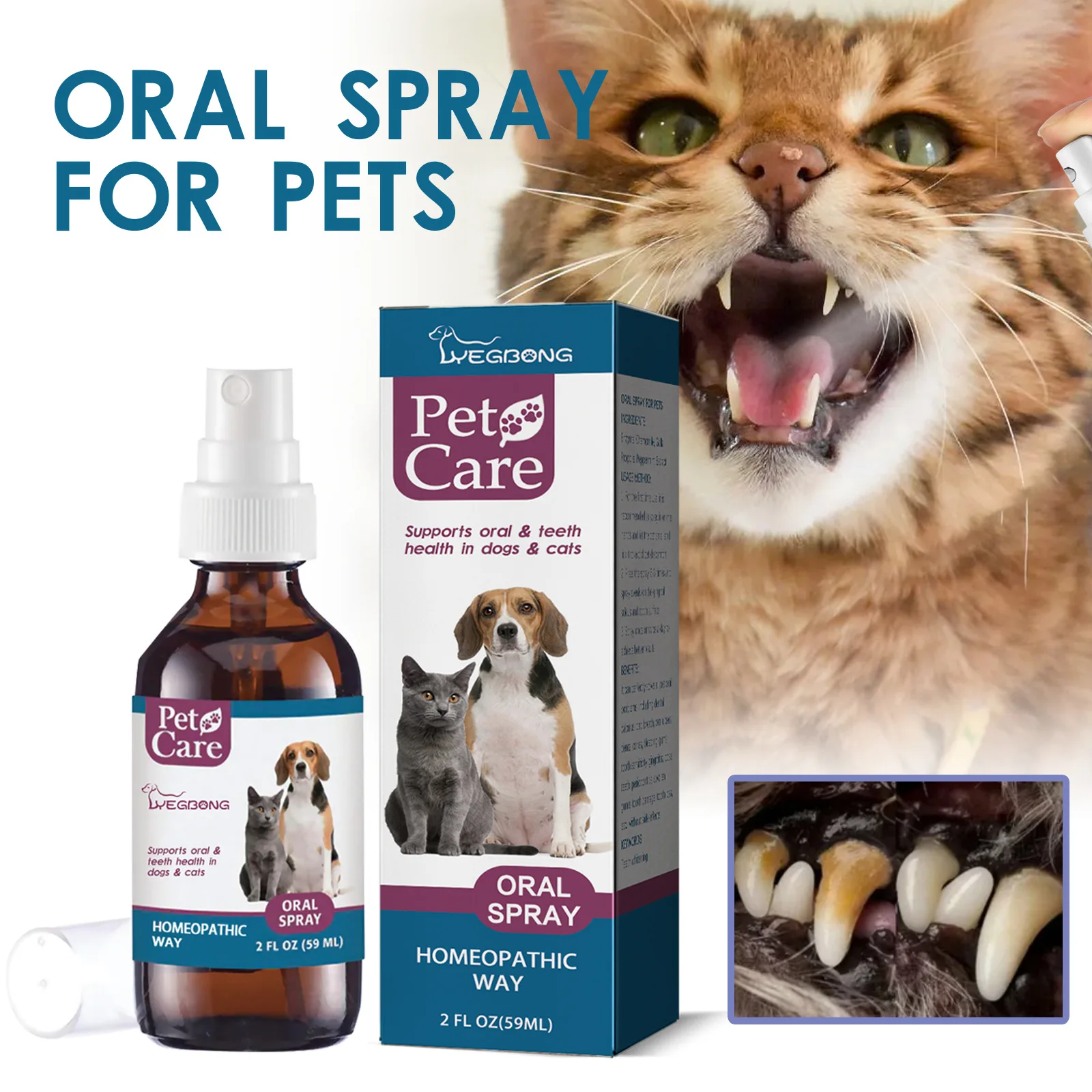 Pet Oral Cleaning Spray, Dog and Cat Tartar Removal and Bad Breath Refreshing Oral Care Spray