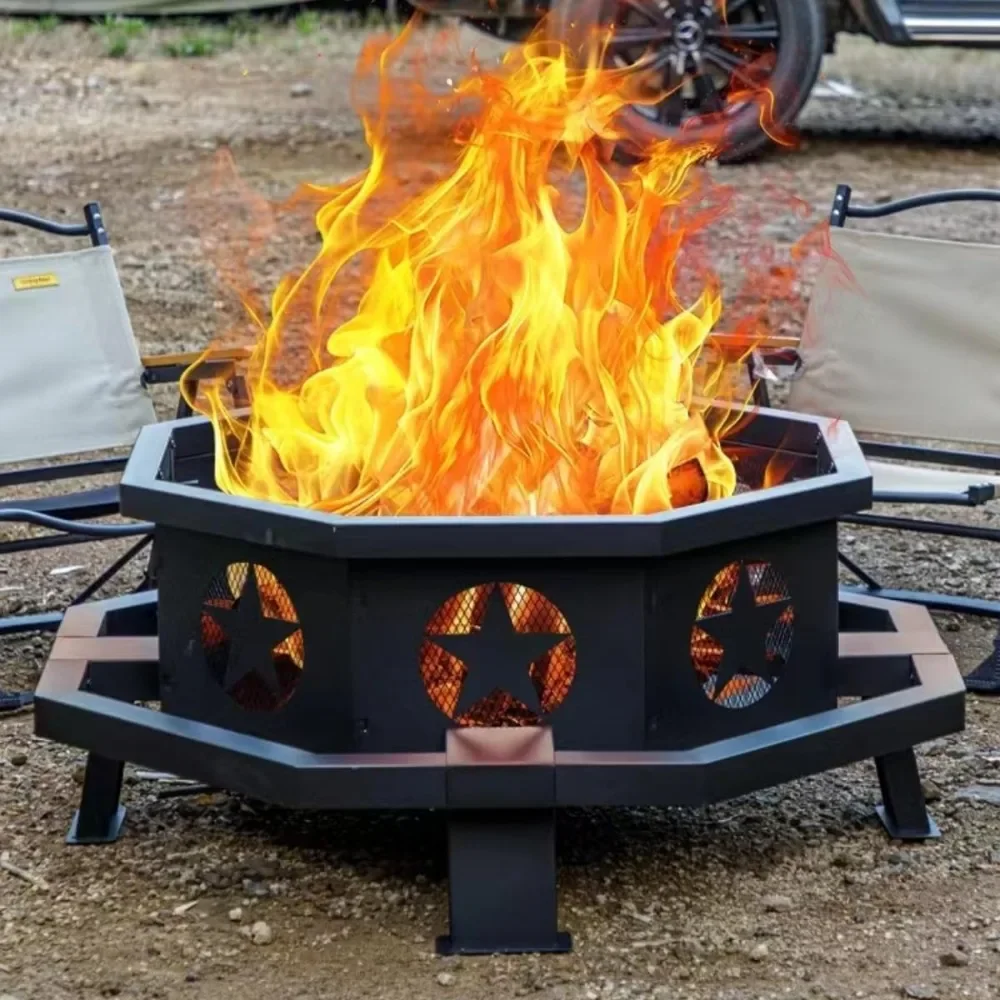 42 inch Fire Pit for Outside, Heavy Duty Wood Burning Fire Pits with Poker, Outdoor Octagonal Firepit for Camping, Yard, Pa