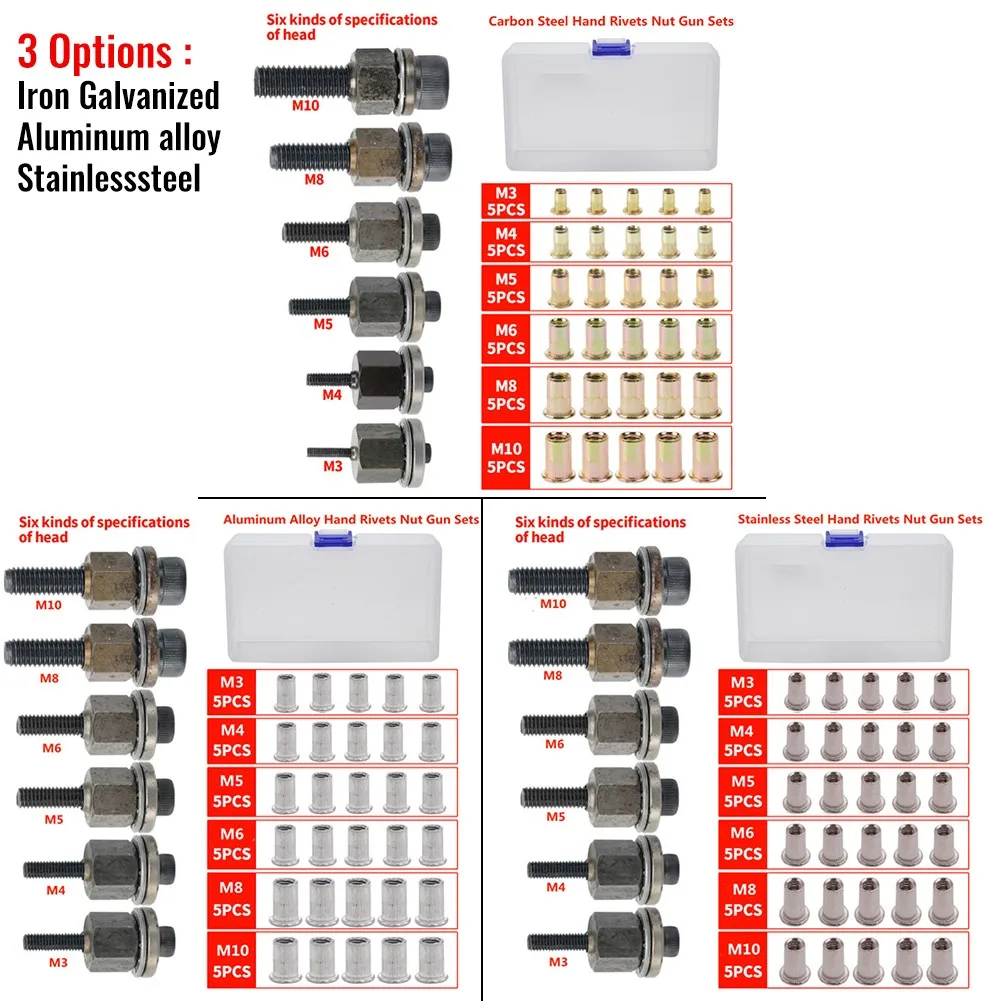 Nuts Riveter Tool Mandrel Hand Rivet Nut Gun Head Iron Galvanized Aluminum Alloy Stainlesssteel Nut M3 M4 M5 M6 M8 M10 36Pcs rivet gun,rivet nut tool,rivet gun set