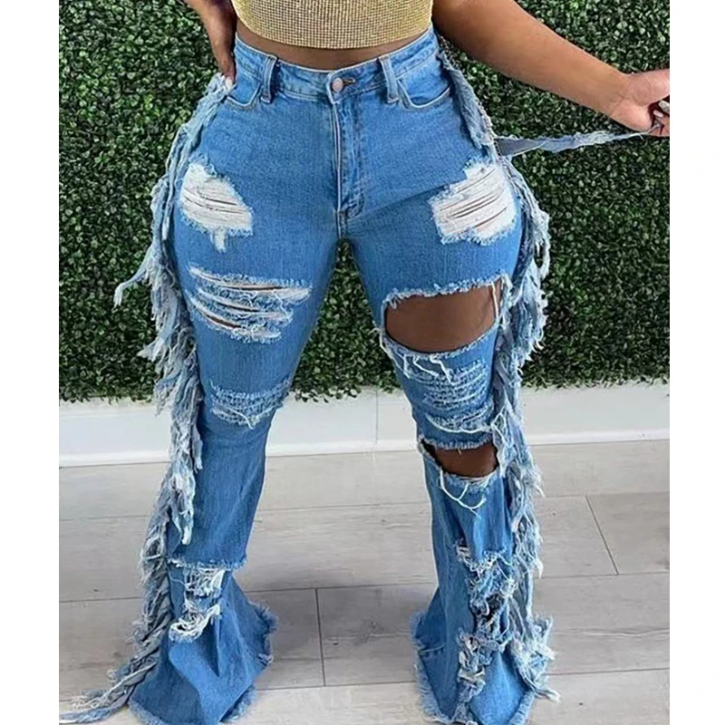 

Women Hollow Out Spring Summer Denim Pants Jeans Sexy Tassels Floor Length High Waist Ripped Cutout Fringe Jeans