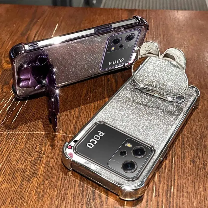 Glitter Mirror Rabbit Phone Holder Case with Anti-Knock Stand and Airbag Protection