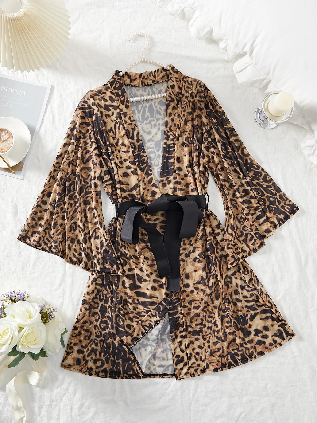 Leopard Print Mesh Bathrobe Sexy Summer Nightdress Cozy Bridesmaid Nightgown Wedding Party Robe Casual Loungewear Pijama