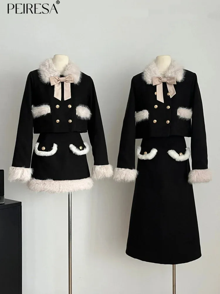 

PEIRESA High Quality Thick Warm Woolen Winter Two Piece Set for Women Hairy Neck Bow Patchwork Jacket Coat + Midi Skirt Suit