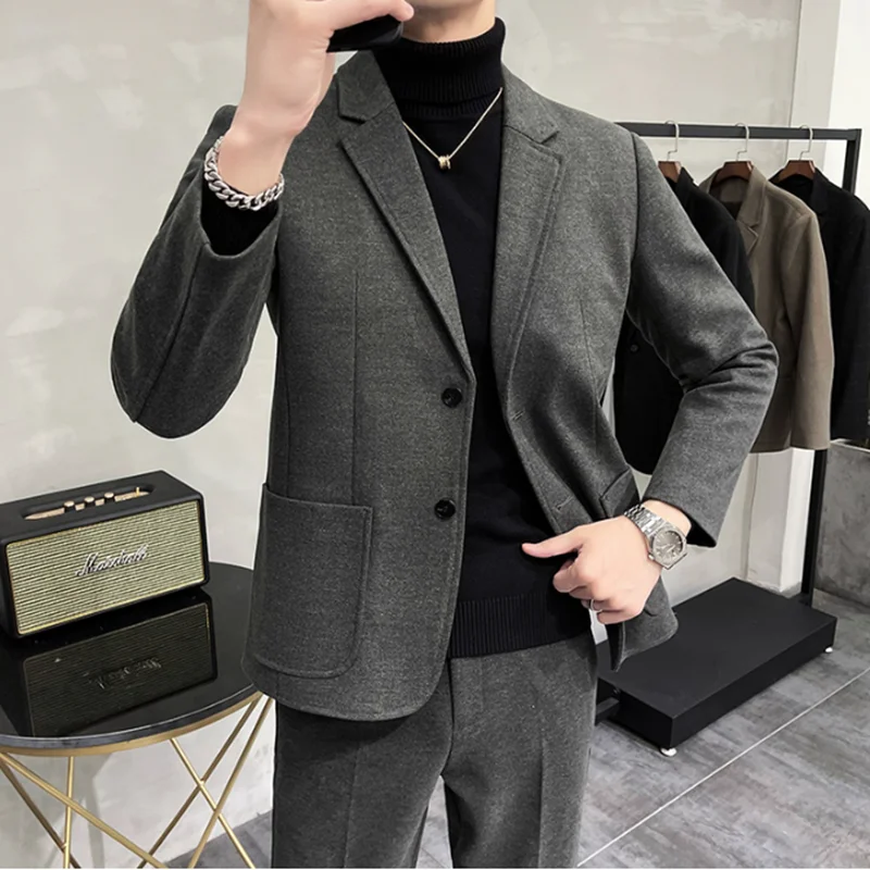 

High-quality (Blazer + Trousers) Men's British Style Elegant Fashion Business Casual High-end Simple Slim Suit Two-piece Suit