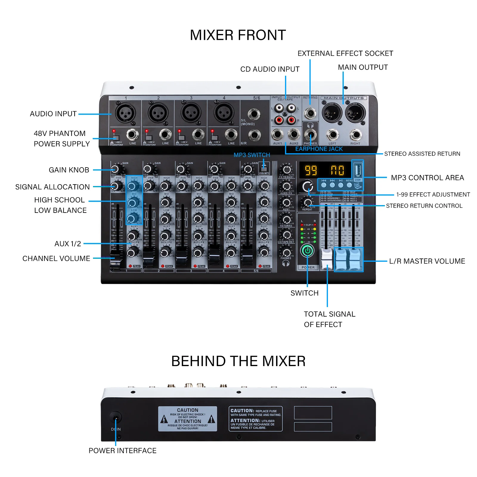Audio Interfacer DJ Mixer Sound Board 99-Bit DSP Effect USB Audio Mixer Effects +48V Phantom Bluetooth for Karaoke 4/6 Channel