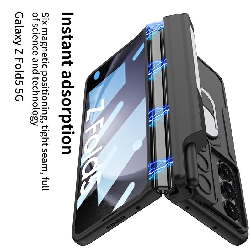 For Galaxy Z Fold 5 Case GKK Magnetic Folding Armor Ring Back Holder Cover With Front Glass + S Pen Holder For Galaxy Z Fold5