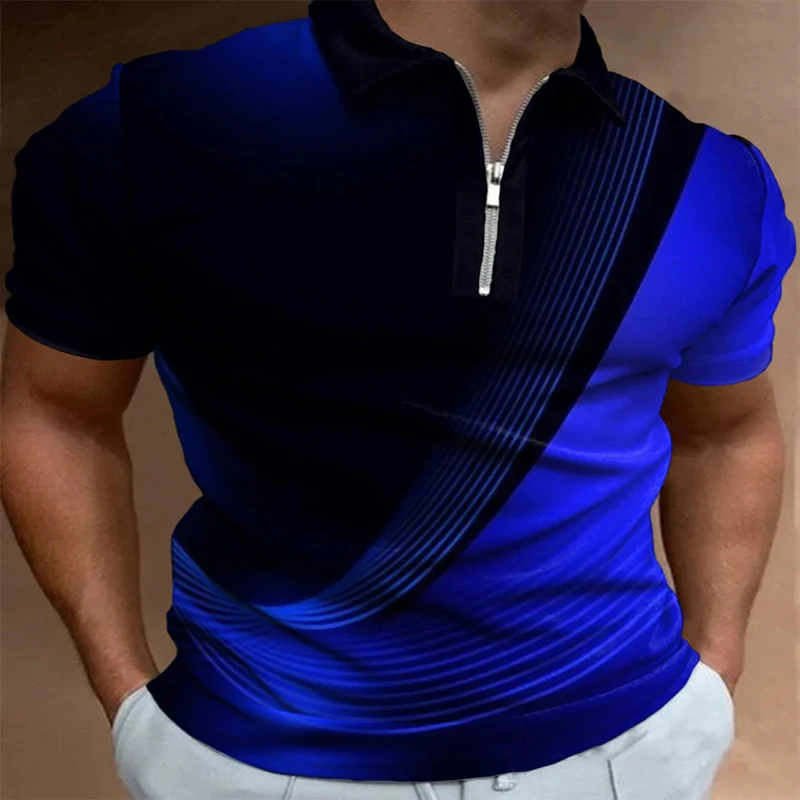 

Basic Lines 3D Print Polo Zipper Short Sleeve Shirt for Men