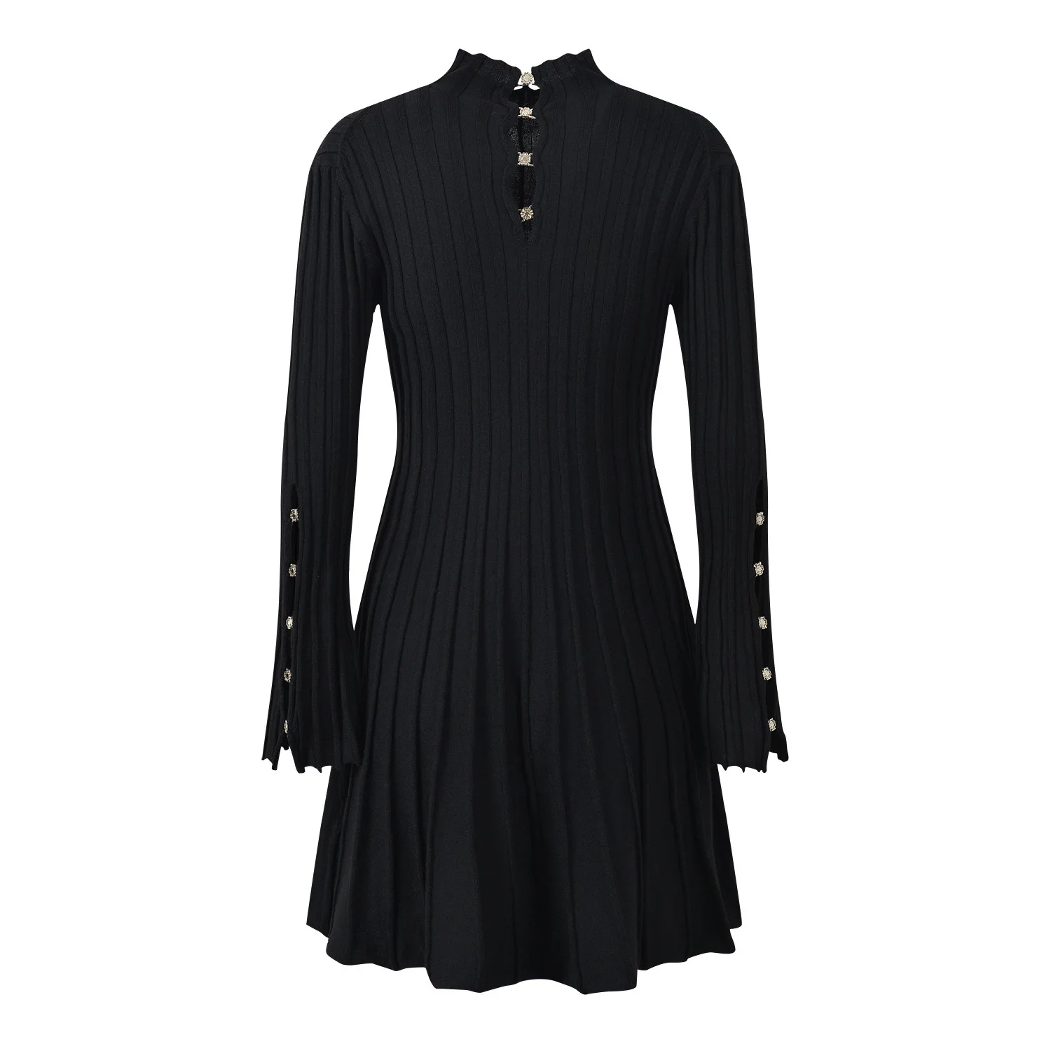 French Hepburn style trumpet long sleeved knitted dress autumn harvest slim waist elegant temperament small black dress women knitted dress