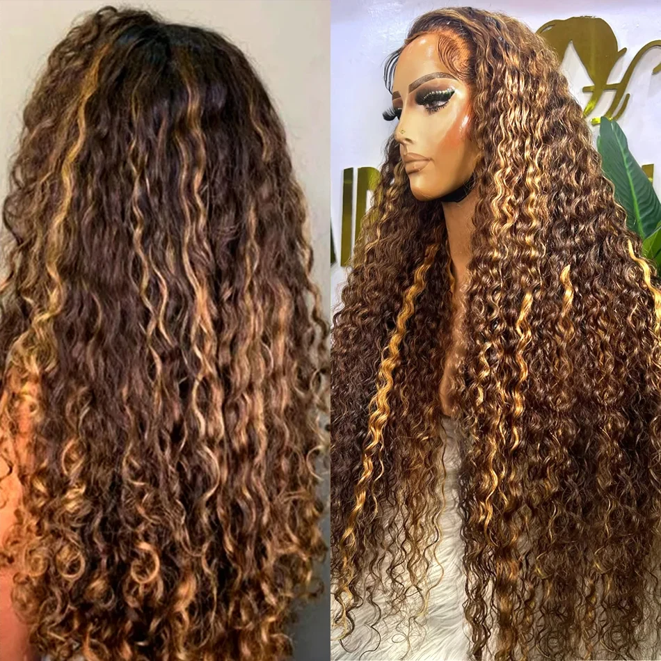 

250 Density 30 Inch Highlight Honey Brown Curly HD Lace Front Human Hair Wigs 13x4 13x6 Ombre Color Deep Water Wave Frontal Wigs