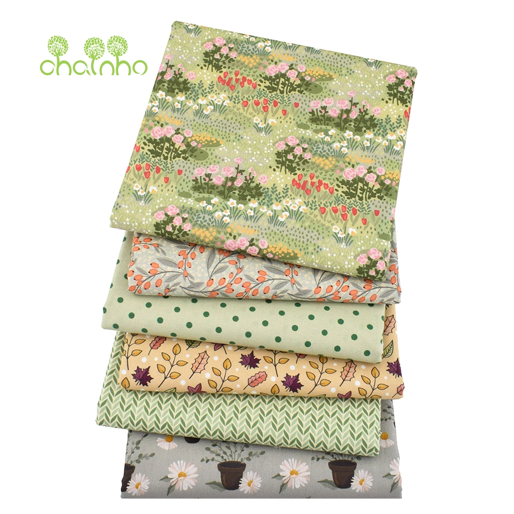 Chainho,Green Floral,Digital Printed Plain-Weave Cotton Fabric,Patchwork Cloth Of Handmade DIY Quilting Sewing Bag,Toys Material