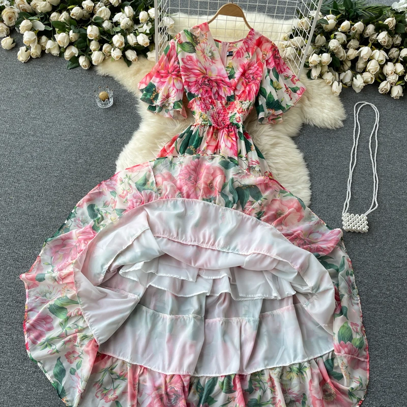 Elegant Party Dress Women Chiffon Printed Floral Long Dresses Ladies Short Sleeve Sexy V-neck Beach Maxi Dress Vestidos