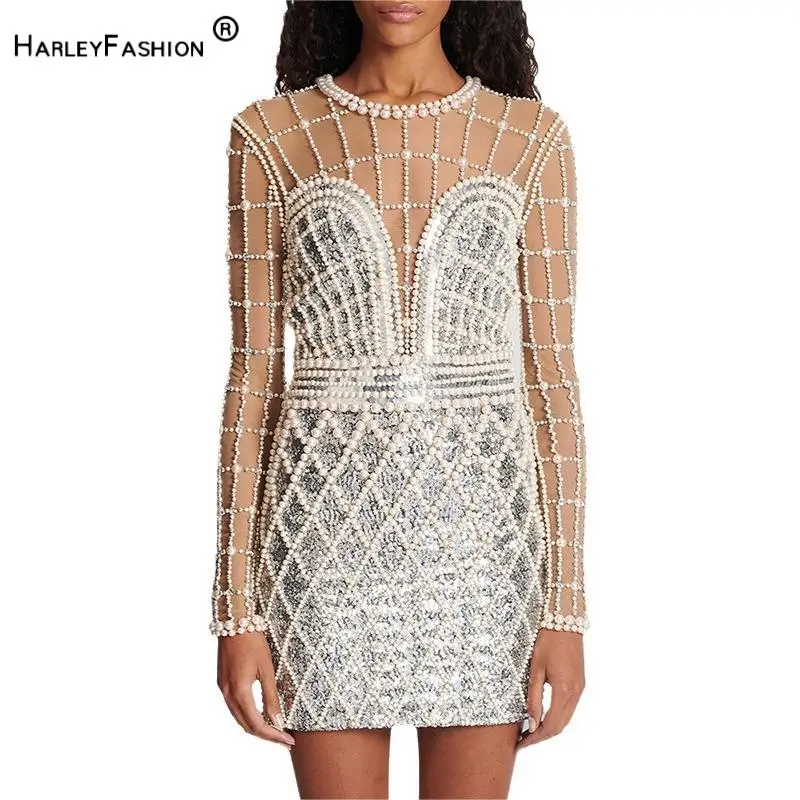 

2024 Europe Style Fine Workmanship Beading Long Sleeve Round Neckline Women Sexy See-through Gauze Patchwork Mini Dress