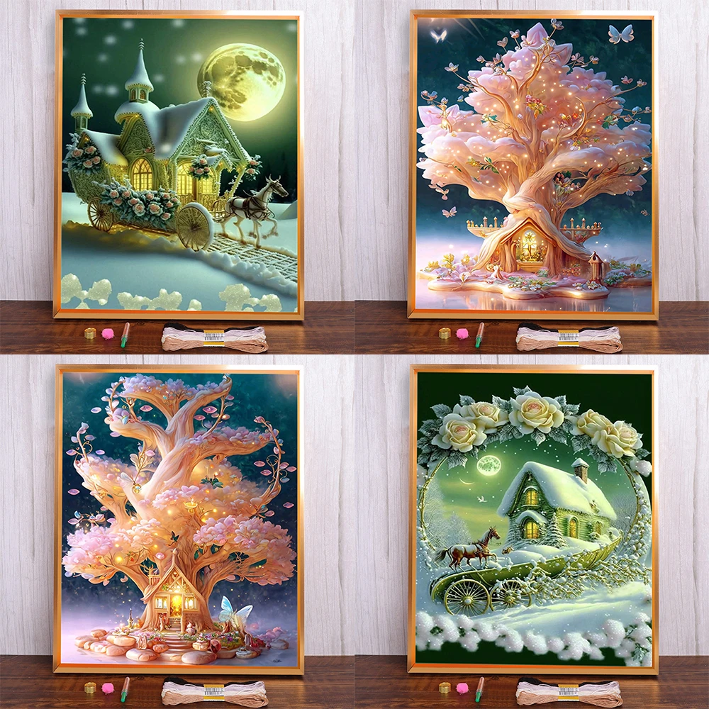 Fantasy House Wonderland Bedruckte Leinwand 11CT Kreuzstich Komplettset Stickerei Malerei Stricken Hobby Handwerk Geschenk Nadelfloss