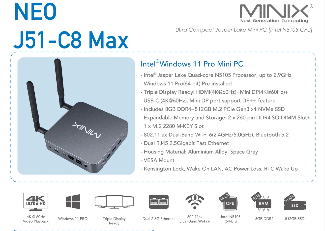 MINIX NEO J51-C8 Max Mini Computer, 8GB/512GB M.2 PCIe NVMe SSD