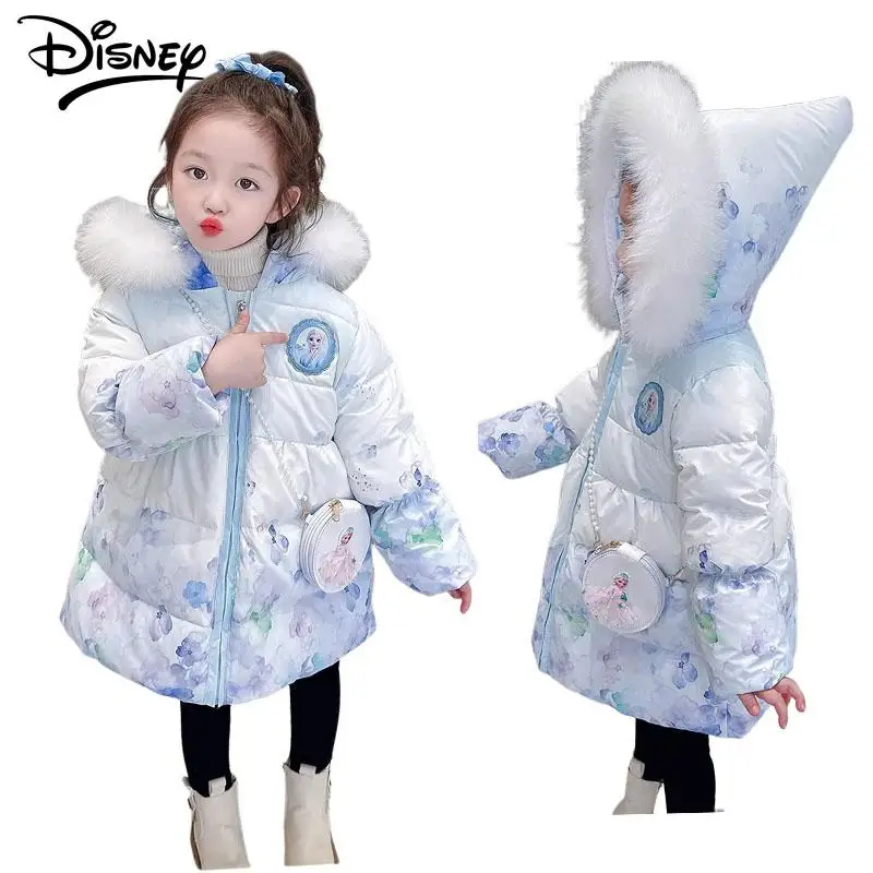 

Disney Frozen Elsa Princess White Duck Down Down Coat Kawaii Anime Plush Thicken Hooded Jacket Girls Cute Mid Length Outerwear