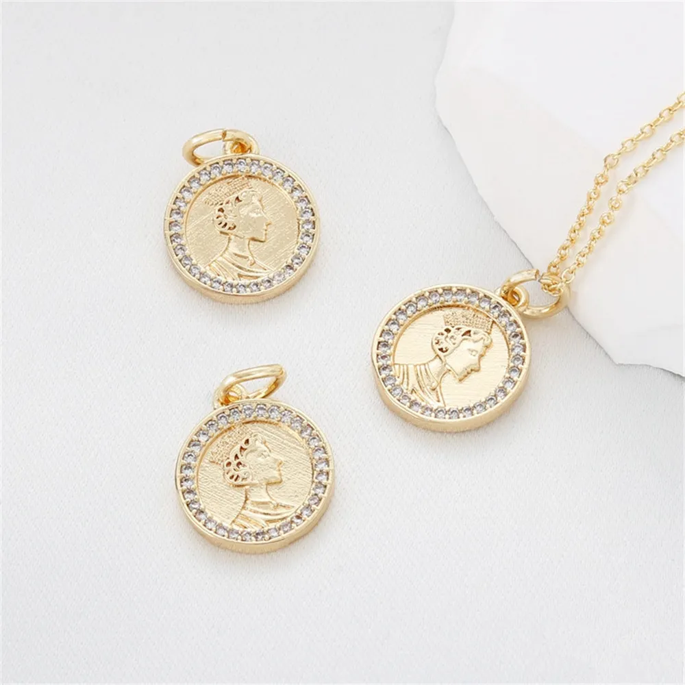 14K gold clad diamond circle portrait queen coin set zirconia pendant diy handmade bracelet necklace jewelry accessories