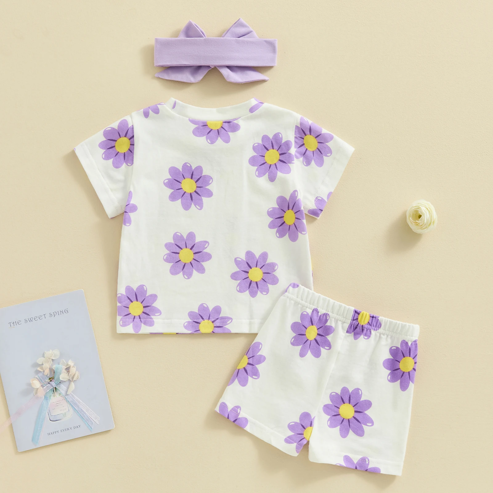 FOCUSNORM 0-3Y Lovely Baby Girls Summer Clothes Sets 3pcs Flowers Print Short Sleeve T Shirts Tops Shorts Hairband