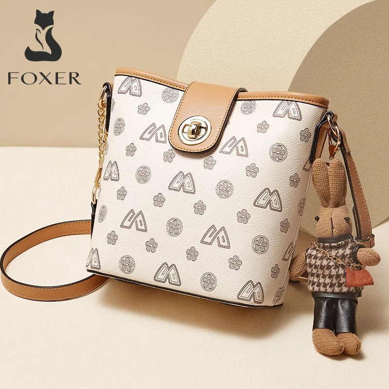 

FOXER Monogram Lady PVC Leather Crossbody Shoulder Bag Female Stylish Girl Small Pocket Women High Quality Bucket Messenger Bags