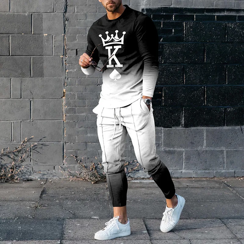 Spring Men's Long Sleeved Suit Business Casual Tracksuit Fashion T-shirt+Pants Set Street Retro Men Jogging Clothing 2 Piece Set