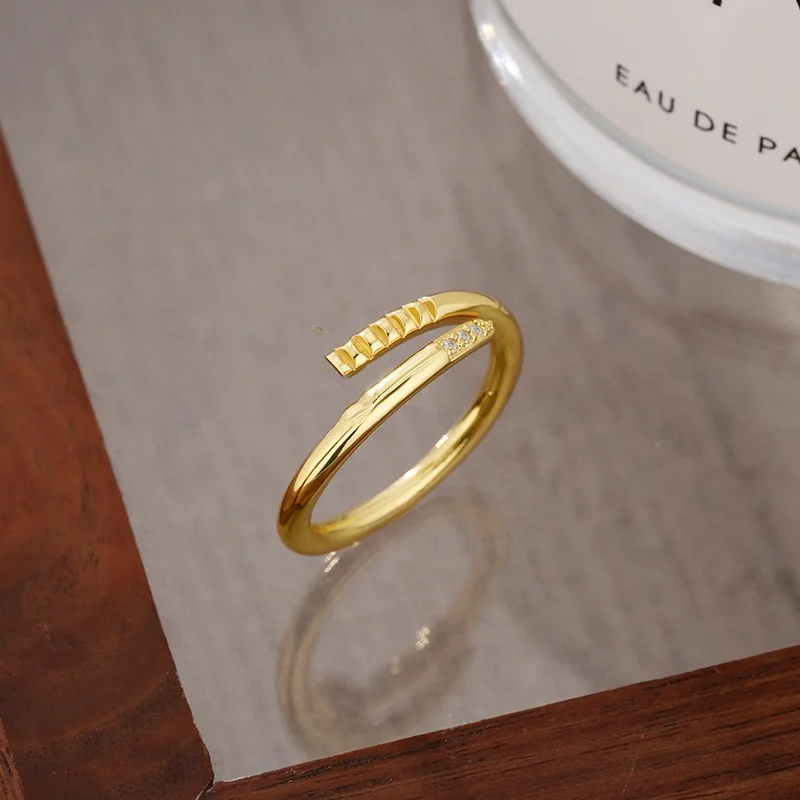 14K Gold Plated Shiny Zircon Nail Ring for Women Light Luxury Adjustable Rings Birthday Jewelry Gifts