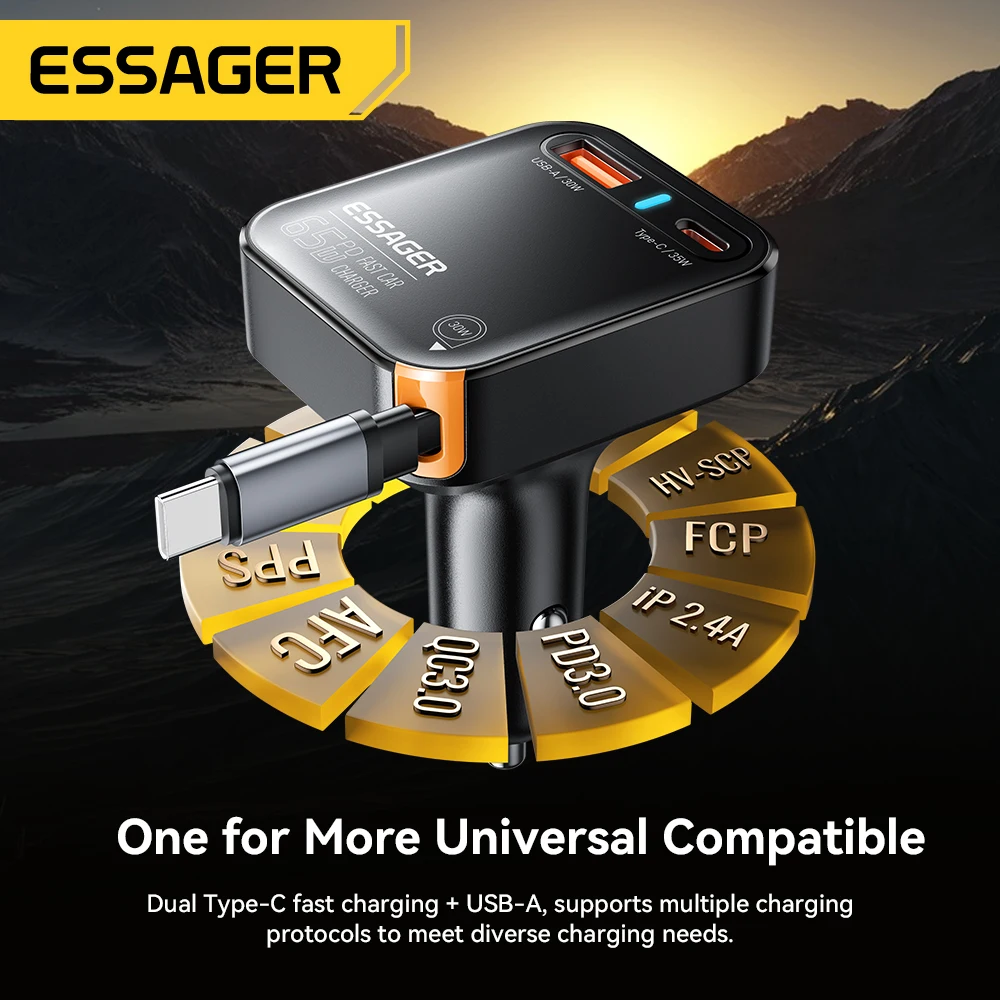 Essager 65W Car Charger Retractable Spring Cable PD QC SCP FCP AFC Fast Charging For iPhone 16 Samsung Xiaomi Car Phone Charger