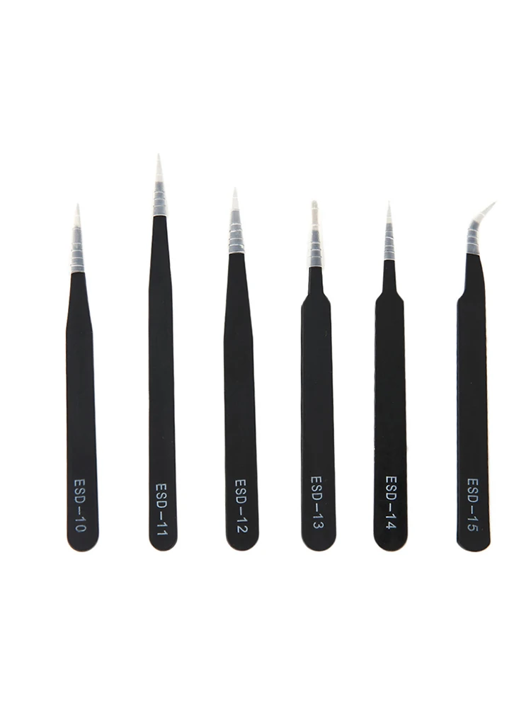 Precision tweezers 6PCS ESD anti-static stainless steel for electronics repair soldering craft
