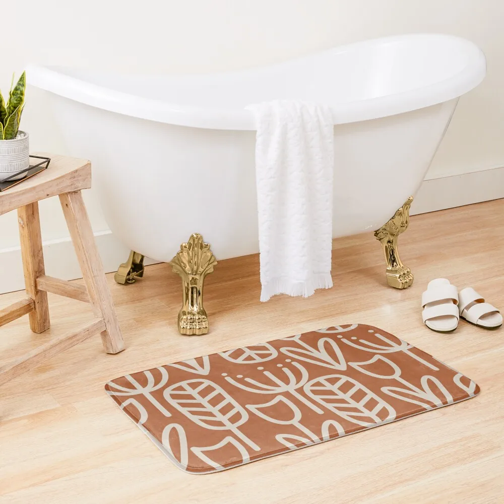 

Cheerful Garden Minimalist Botanical Pattern in Putty and Clay Rust Terracotta Bath Mat Rug Foot Mat