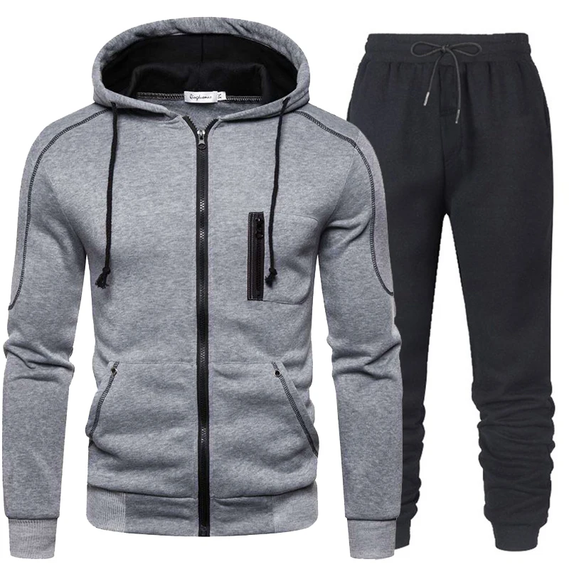 New ArrivalMen's Zipper Hoodie Solid jacket and sweatpants two-piece men's casual sports suit