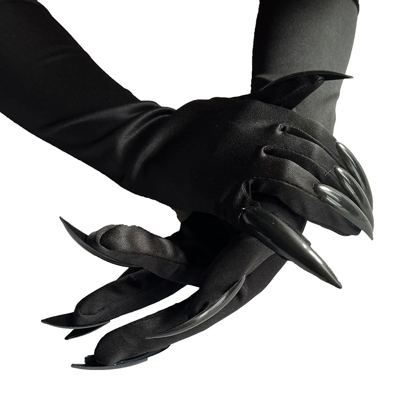 Women Black Spandex Halloween Cosplay Fashionable Personality Stretch Ghost Claw Long Nail Gloves Stage Performance Accessories