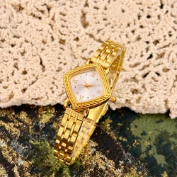 Elegant Gold Mid - Century Retro Watch with Diamond Dial and Brushed Stainless Steel Band (Golden white)