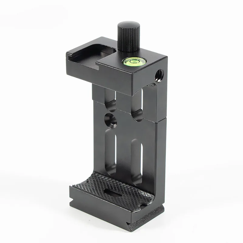 알루미늄 삼각대 헤드 브래킷 정신 수준 및 전화 손전등 마이크 용 콜드 슈 마운트가있는 휴대 전화 홀더 클립