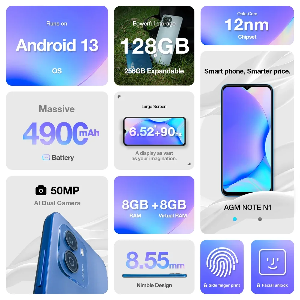 AGM Note N1 Smartphone: 4GB/8GB RAM, 128GB ROM, 6.52" 90Hz Display, 50MP Camera Stereo Speakers Dual SIM 4G, Side Fingerprint 6