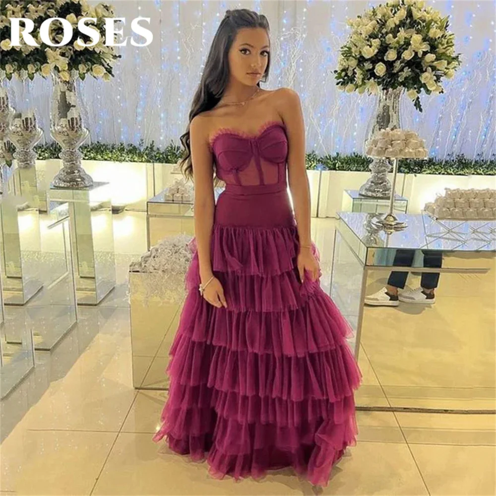 

ROSES Purple Evening Dress Luxury Multilaye Tulle فستان سهرة Fairy Sweetheart A-line Prom Dress Pleats Floor Length Party Dress