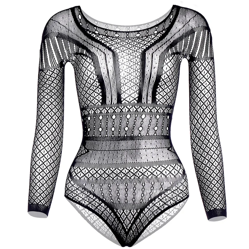 Sexy Ladies Hollow Out Long Sleeve Bodysuit Clothes Bikini Lingerie Jacquard Plus Size Women Fishnet Bodysuit Nightwear