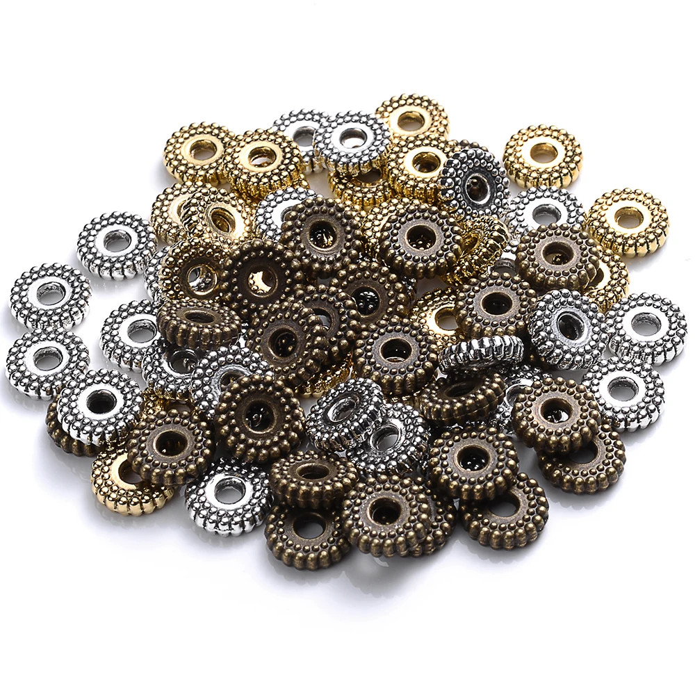 30 Stück 8 mm flache runde Metall-Abstandsperlen, goldene silberfarbene Legierung, lose Perlen für Schmuckherstellung, DIY-Charms-Zubehör – Detail 6