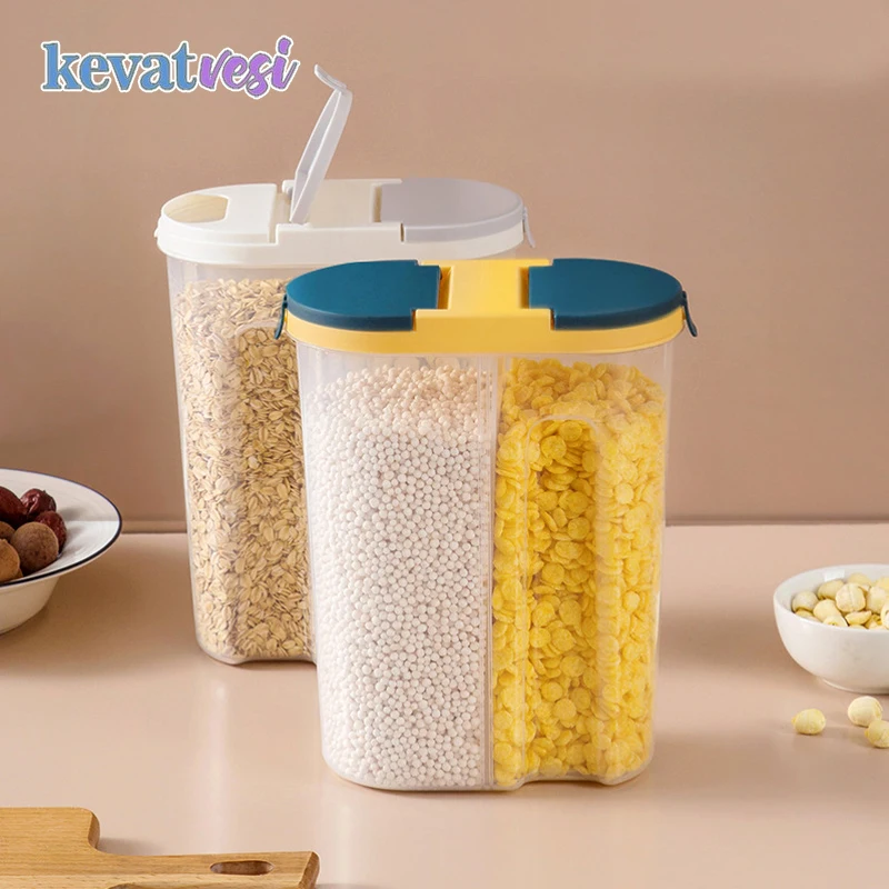 

Kitchen Cereals Storage Box Double Grid Cereals Jar Grain Tank with Lid Plastic Storage Container Food Sealed Moisture-proof Box