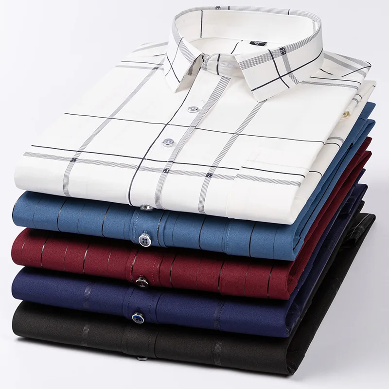 

Мужская рубашка в клетку, голубая дышащая рубашка из полиэстера, с длинными рукавами и квадратным воротником, элегантная деловая рубашка для весны и лета, 2019