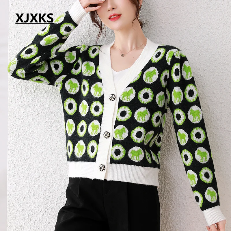 

XJXKS 2022 Fall Print Women's Sweater Jacket V Neck Single Breasted Cardigan Wool Knit Jaqueta Feminina Chaquetas
