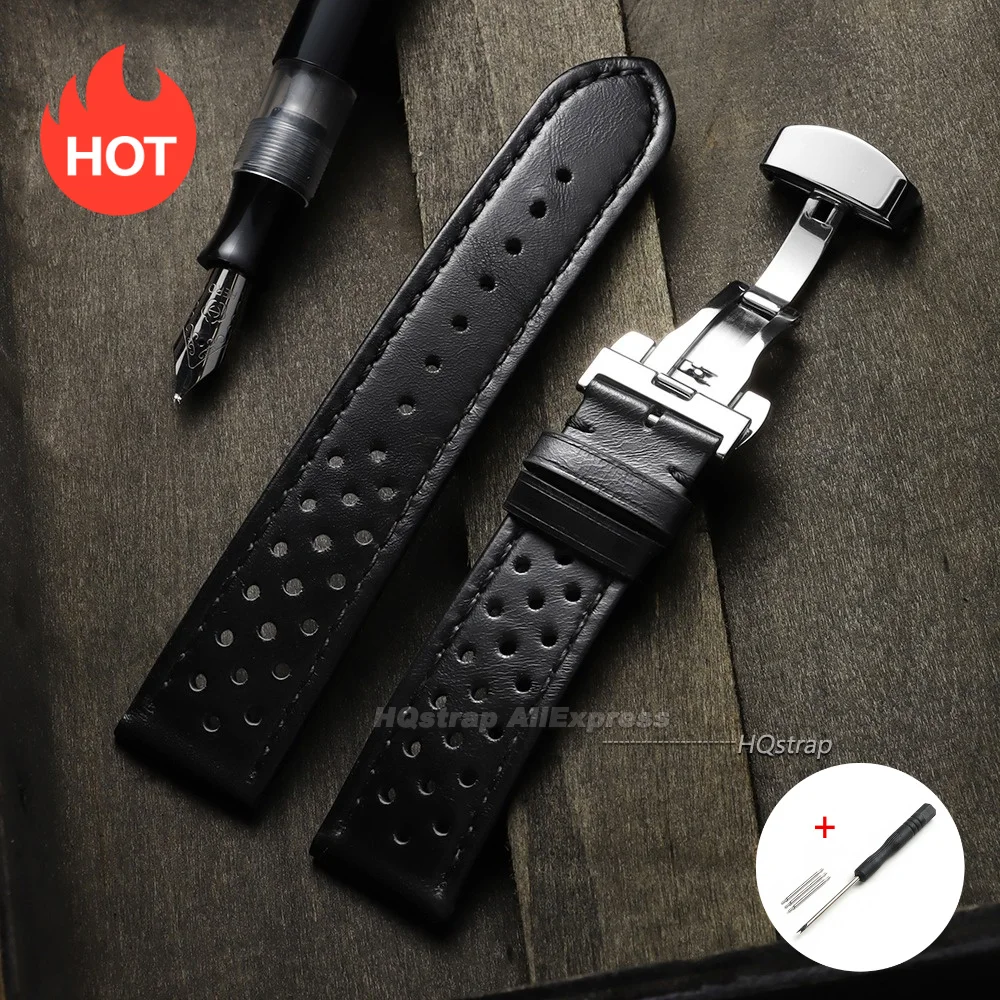 Breathable Leather Watch Strap with Quick Release and Butterfly Buckle