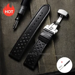 Breathable Leather Watch Strap with Quick Release and Butterfly Buckle - 22mm (Oil Black)