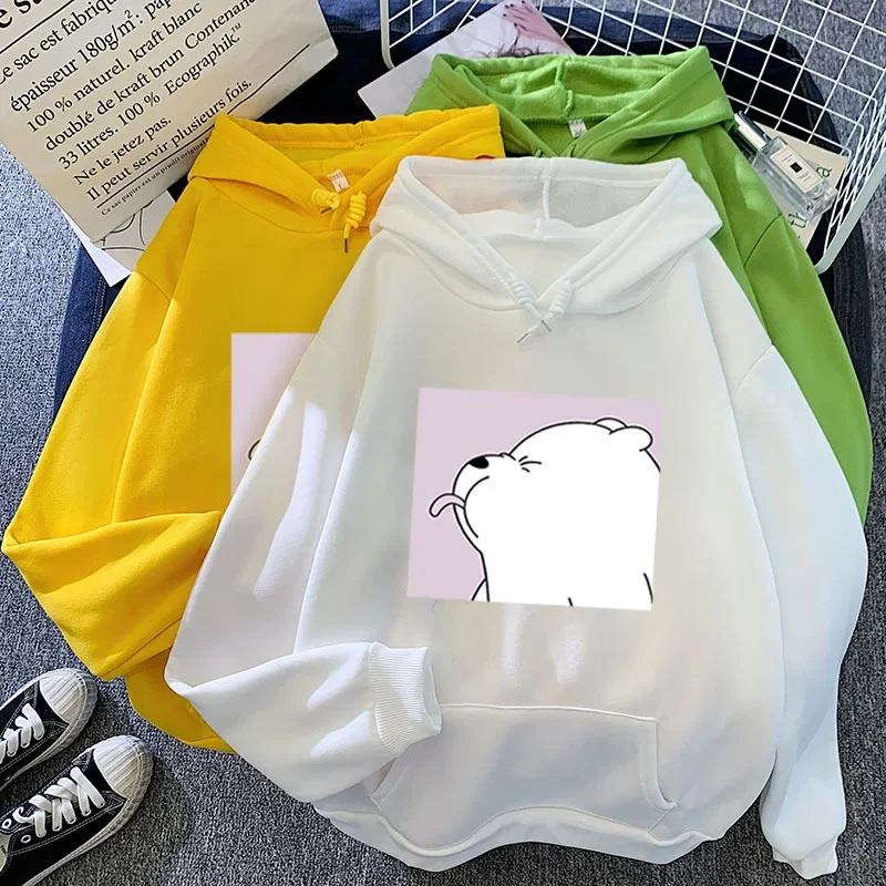 Little White Bear Women Sweatshirts Simple Loose Casual Fleece Hoodies Spring Autumn Cartoon Printed Pullovers with Big Pocket sweatshirts i m a little mooody cow sweatshirt in white size l s xl