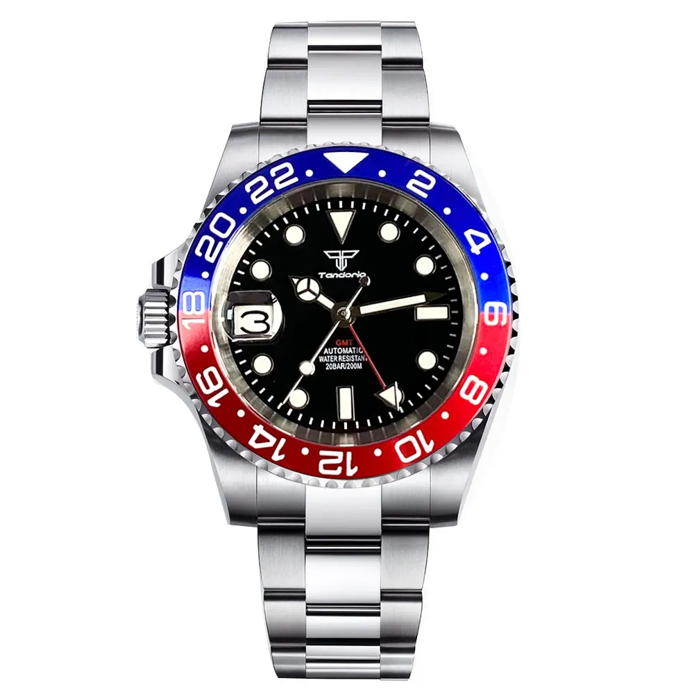 メンズ自動巻き時計,40mm,防水,ブラックダイヤル,nh34 gmt,200m