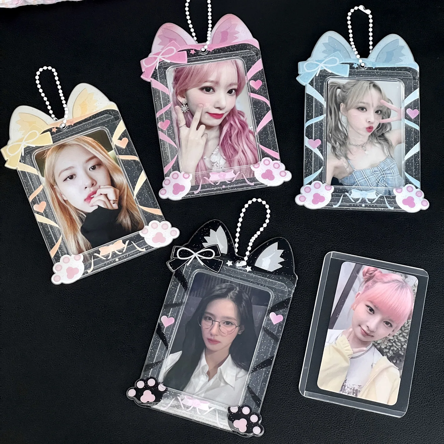 Bow Cute Cat Paw Photocard Holder Glitter Transparent 3 Inch Idol Photo Card Sleeves Student Id Bus Card Case Keychain Pendant